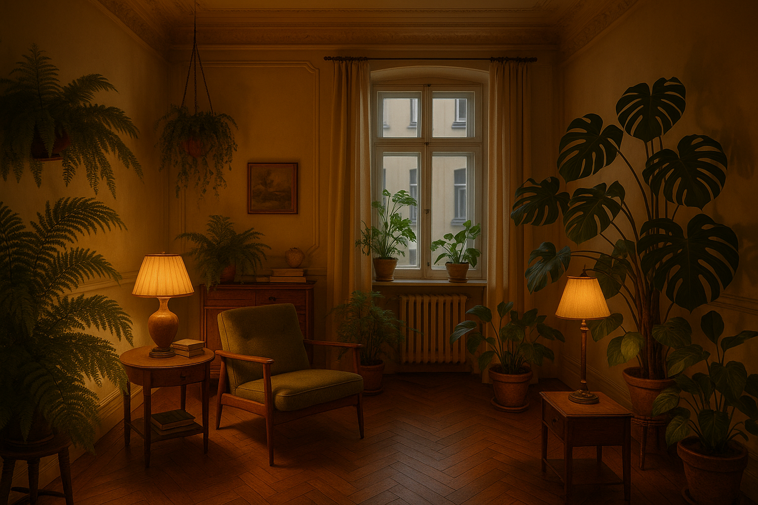 ein retro Vintage kleines Zimmer mit indirekter Beleuchtung und pflanzen im altbaub